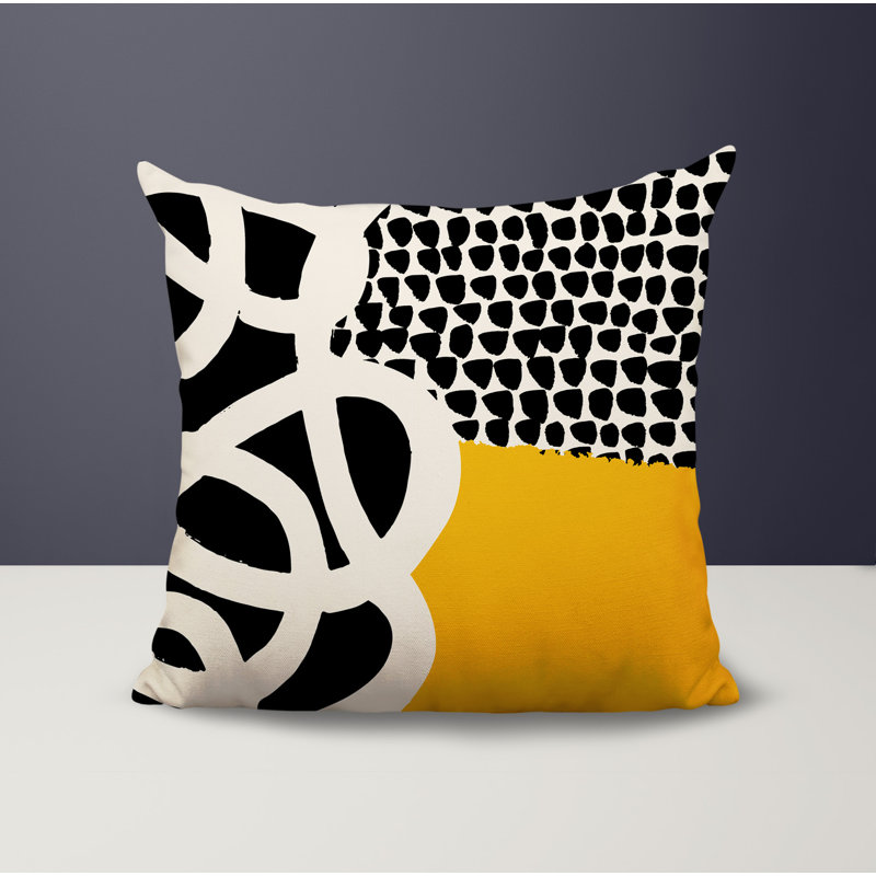 Oreiller carré réversible intérieur / extérieur Deo, H 15 po x l 15 po, Jaune / noir / blanc cassé abstrait