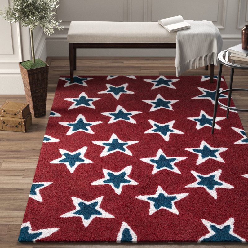 Geometric Hand-Tufted Red/Navy Area Rug, Round 3'