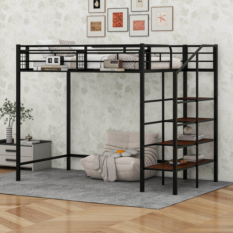 Twin Size Metal Loft Bed With Upper Grid Storage Shelf And Lateral Storage Ladder, Black