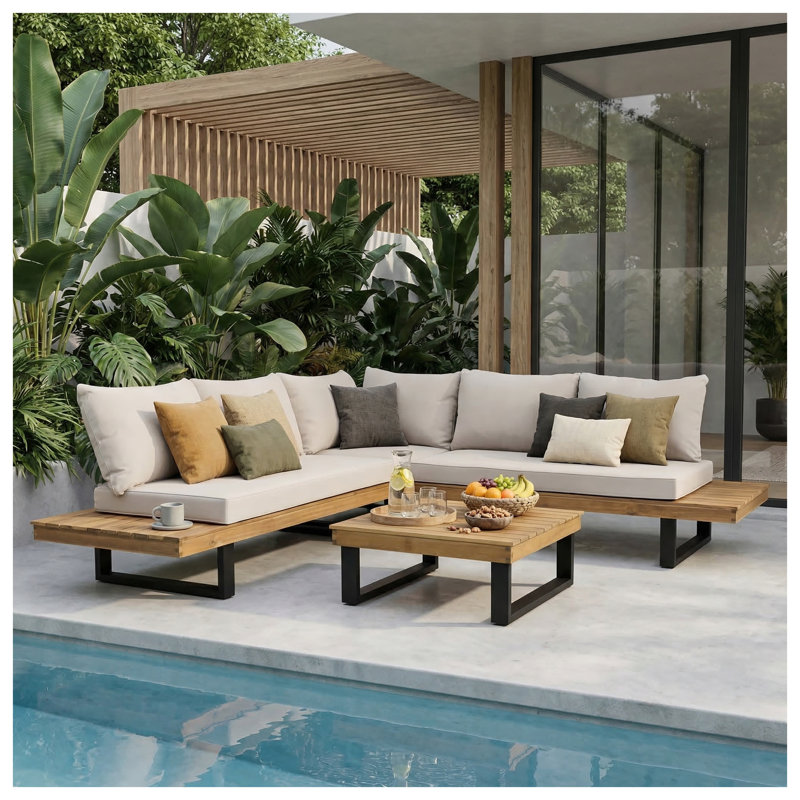 Ensemble de canapé d'extérieur 4 pièces avec structure en bois d'acacia et coussins beiges Sebastian