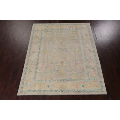 Tapis gris / beige / vert en laine noué à la main de conception unique 8 pi 2 po x 9 pi 10 po