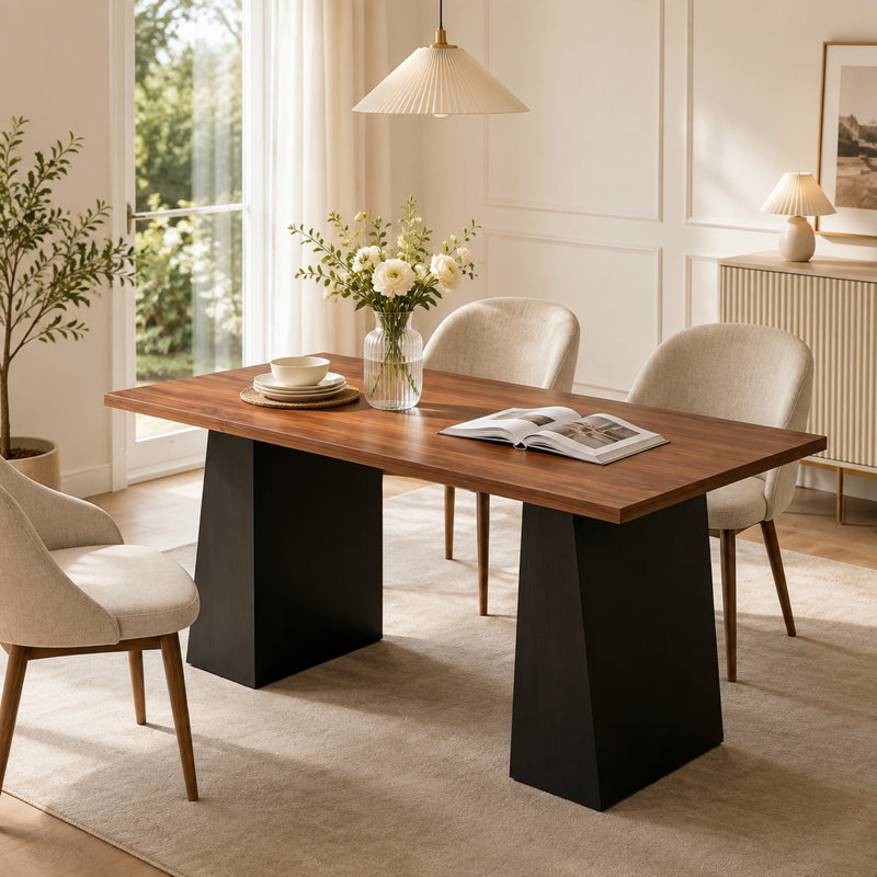 Bureau d'ordinateur moderne avec grande surface, structure en bois noir veiné, plateau en noyer clair