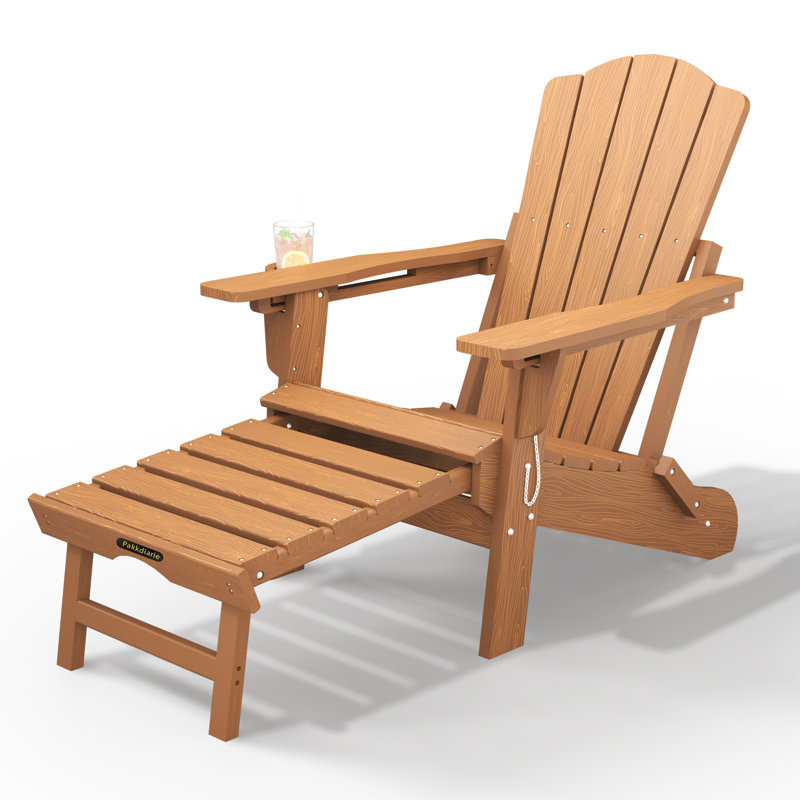 Pakkdiarie Folding Adirondack Chair with Retractable Ottoman, Outdoor HDPE Reclining Adirondack Chair with Cup Holder for Patios,Lawn,Backyard