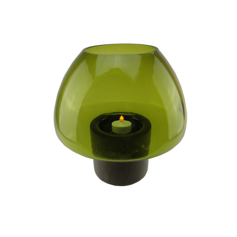9.75" Transparent Glass Pillar Candle Holder with Wooden Base, Transparent Olive Green
