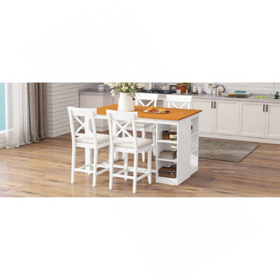 Ensemble de table de salle à manger à hauteur de comptoir en bois massif 60 po x l 30 po avec tablettes de rangement à 3 niveaux et chaises rembourrées pour 4, 5 pièces, blanc