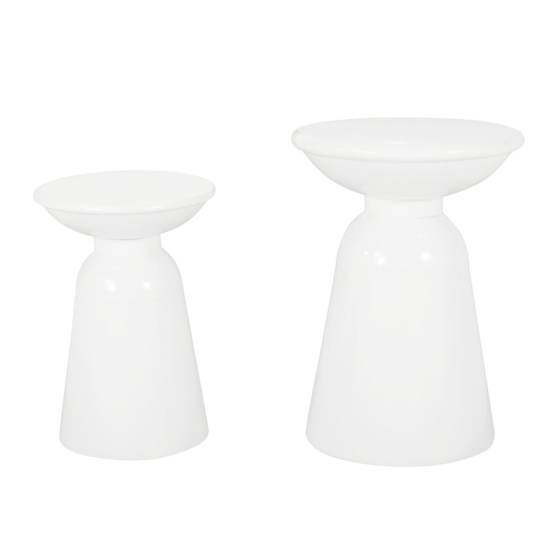 Serenita Outdoor Iron Side Tables With Flared Design, Set Of 2, White