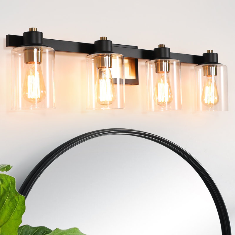 31'' 4-Light Black & Gold Bathroom Vanity Light with Glass Shade, 4 Lights, Gold/Matte Black
