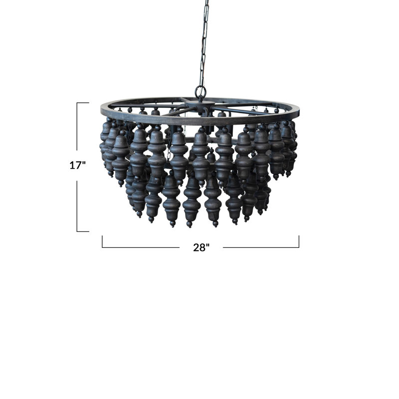 Lustre rond en métal et bois de manguier avec cinq lumières