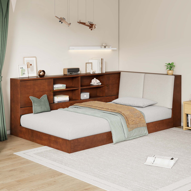 L-Shaped Daybed Floor Corner Bed With  USB Charging Ports, Walnut
