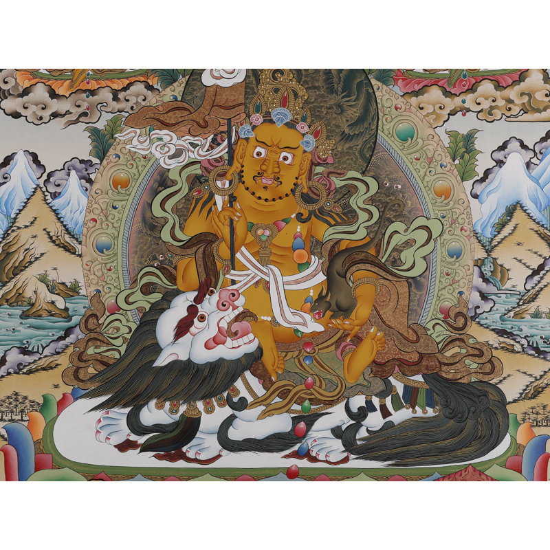 «Panch Kubera - dieu tibétain de la richesse en cinq aspects» peint à la main Thangka | Toile de coton H 36,2 po x l 26,4 po, feuille d'or 24 carats