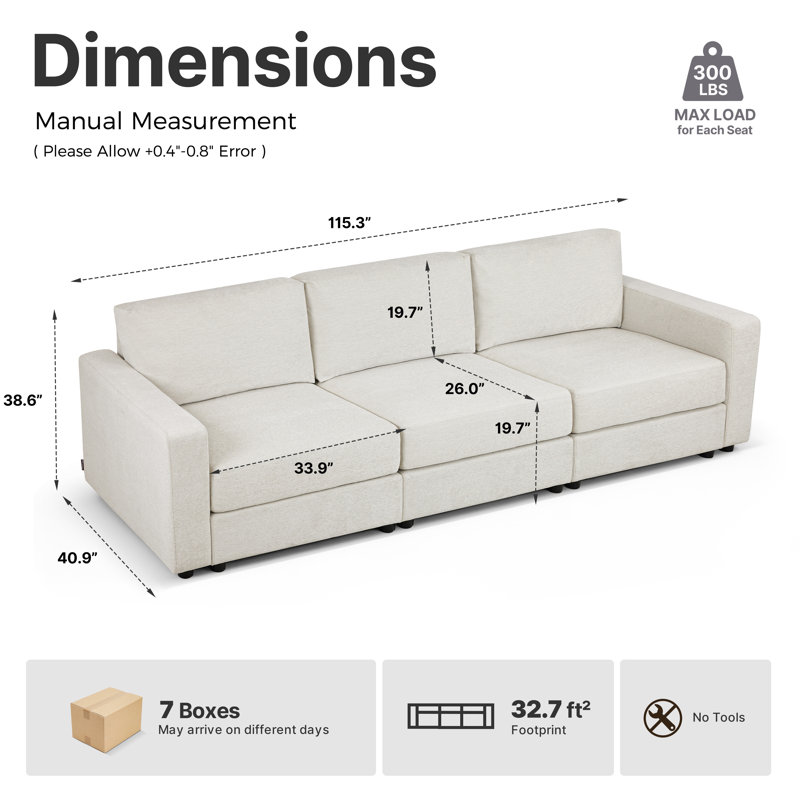 Canapé modulaire surdimensionné à 3 sièges modulaire, Beige clair