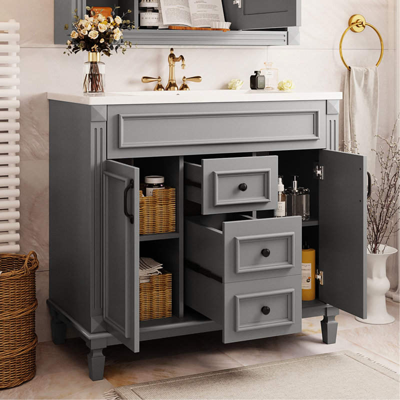 Meuble-lavabo moderne gris 36 po avec compartiments spacieux pour ranger facilement tous vos articles essentiels