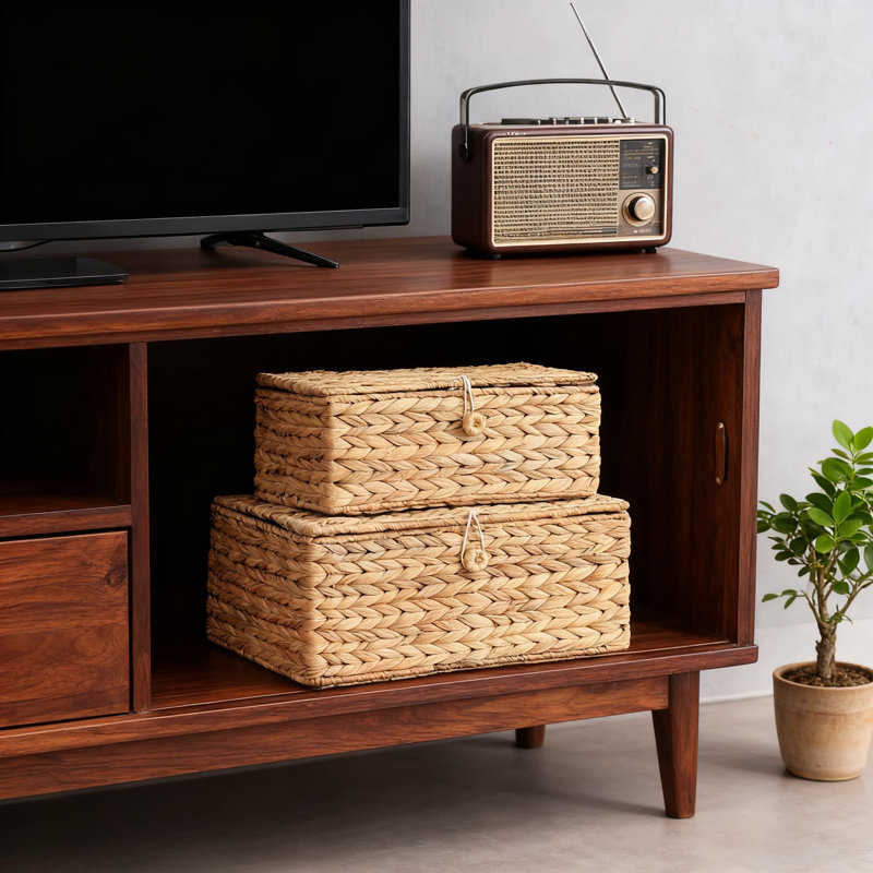 Set Of 2 Rectangular Woven Rattan Storage Bins With Lids, Natural Water Hyacinth Decorative Organizer Boxes For Home Shelf And Multipurpose Use