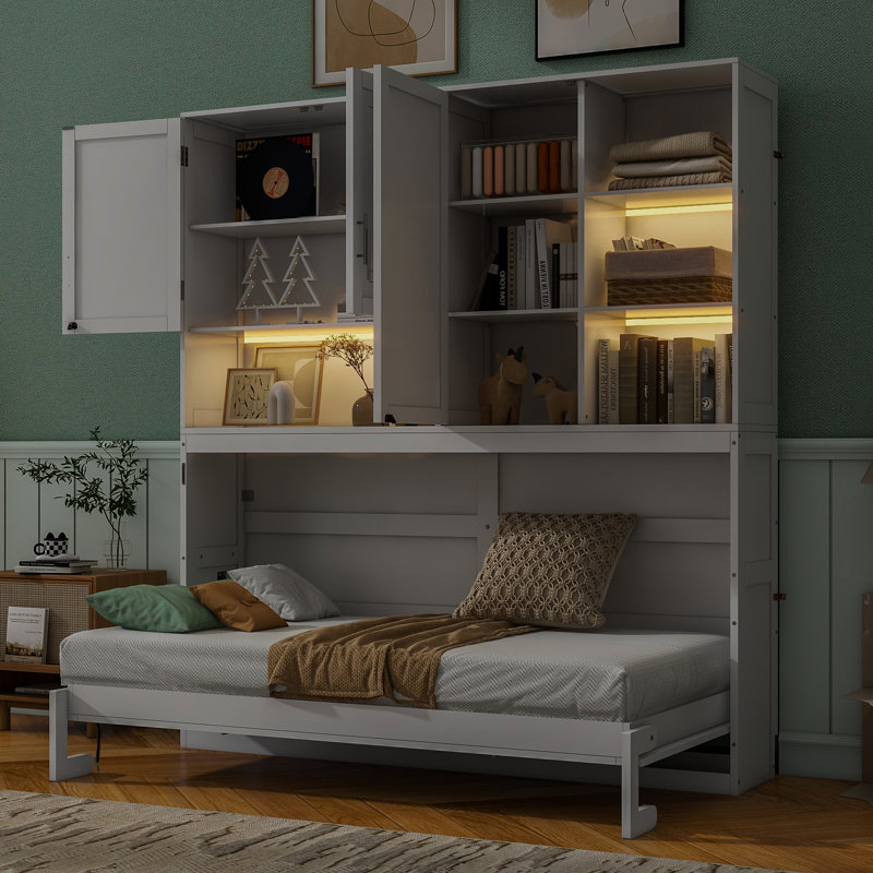 Lit escamotable mural simple avec armoire supérieure, tablettes, lit pliable peu encombrant avec lumière et USB, Blanc