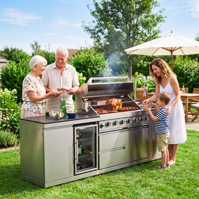 101" W X 23" D X 35" H 4-Piece Modular Outdoor Kitchen Set With 6-Burner Gas Grill, Sink, Fridge, Rotisserie, Granite Countertop, Storage Cabinets & Drawers
