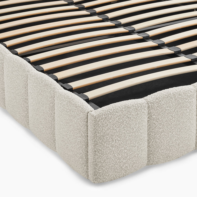 Rudasill Upholstered Ottoman Bed Frame - Vertically Stitched Contemporary Headboard, Beige Boucle, King
