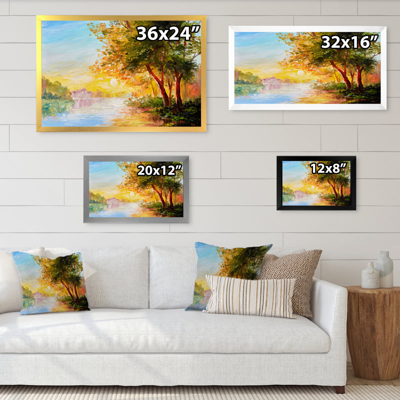 «Sunset On River Landscape», reproduction sur toile flottante, H 16 po x l 32 po x P 1 po, Cadre photo argenté