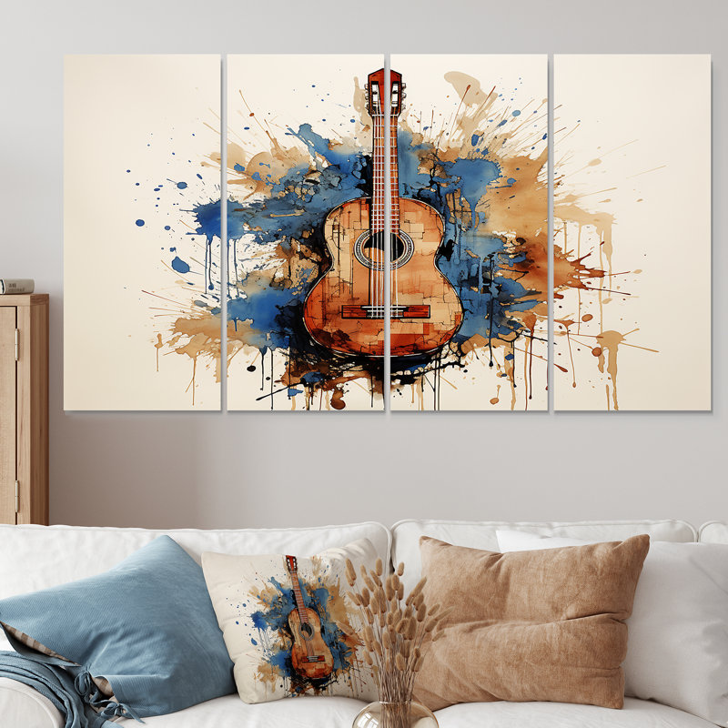 «Earthy Brown Guitare Melody - Music», art mural 4 pièces, H 28 po x l 48 po