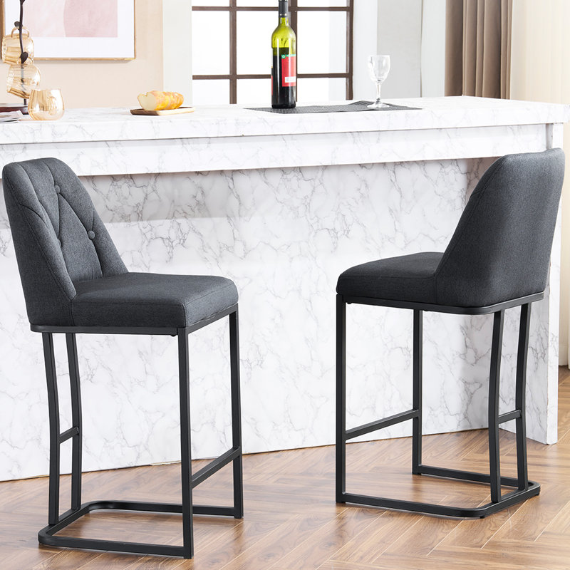 Tabourets de bar modernes rembourrés (2), structure en métal sécurisée à boutons, siège confortable - gris pour la cuisine, le bar, les tabourets de salle à manger 2 pièces, dossier à boutons, gris fort