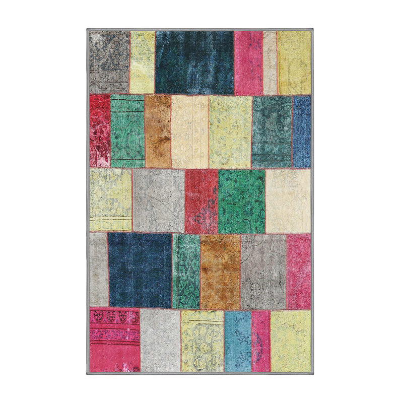 Tapis rose/jaune/vert contemporain, Rectangle 4 pi x 6 pi