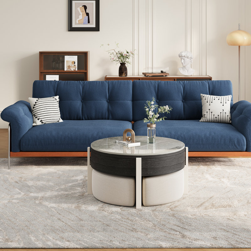 Yvelle 31.5" Faux Marble Round Coffee Table with 4 Hidden Seats for Living Room