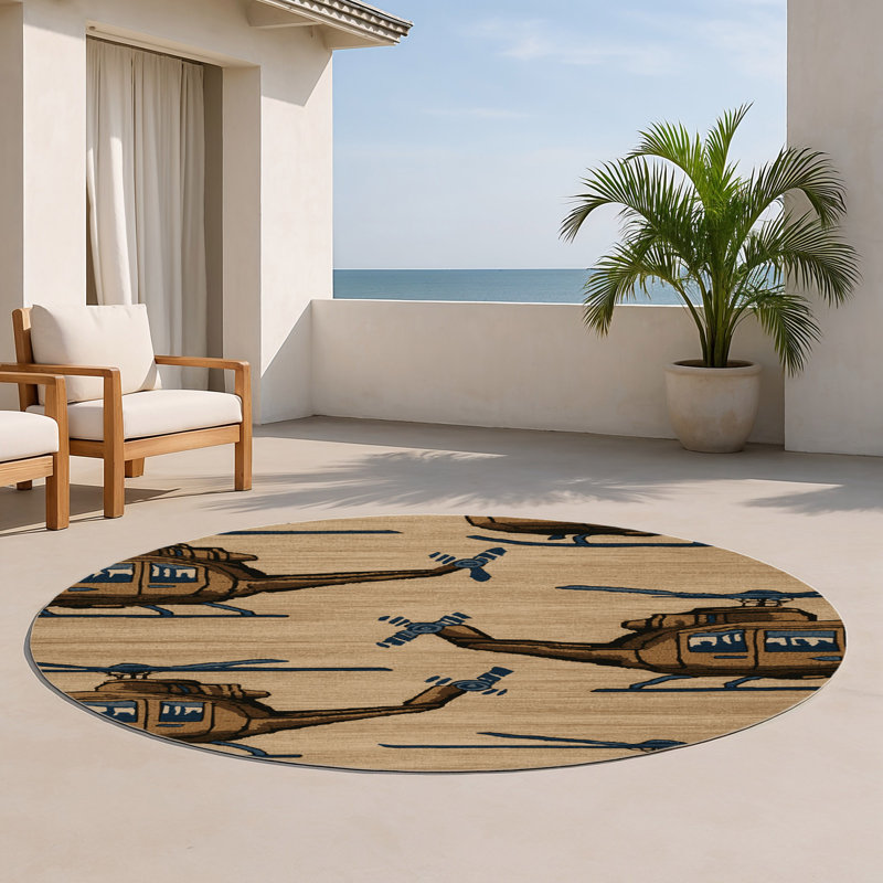 Transportation Beige Indoor and Outdoor Area Rug, Round 5'
