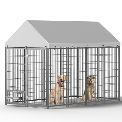 Enclos pour chien surdimensionné - L 7,94 pi x l 4,13 pi x H 5,95 pi, ventilé et sécuritaire, stabilité renforcée, mangeoires pivotantes, toit pour animaux de compagnie, fer à repasser, serrure à double porte, couvercle