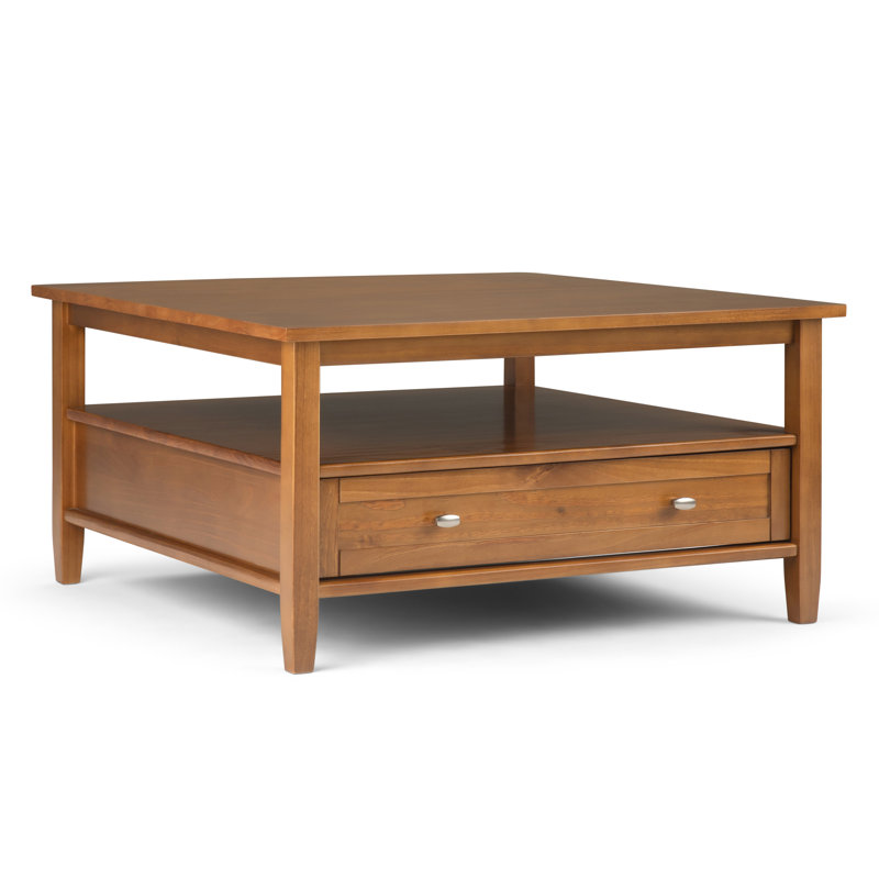 Warm Shaker 36"W Solid Wood Square Coffee Table with Two Drawers and Open Shelf, Light Golden Brown