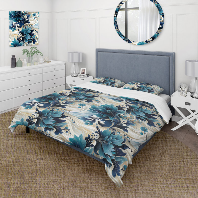 Ensemble de housse de couette Cottage Maritime Blues Nautical Flower Pattern, Housse de couette pour très grand lit et 2 très