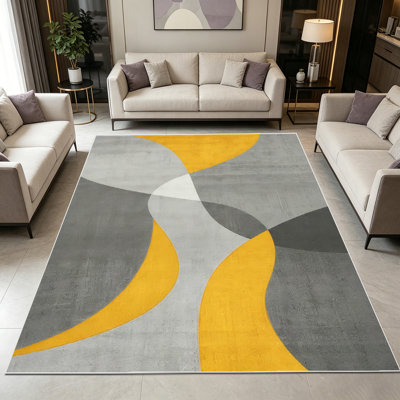 Tapis à motifs géométriques abstraits à motif géométrique ondulé de couleur jaune moutarde de 1 pièce pour le salon, tapis d'intérieur doux, toutes saisons, facile à entretenir et lavable, maison de campagne convenant à la salle à manger, à la chambre à coucher, au bureau personnel ...