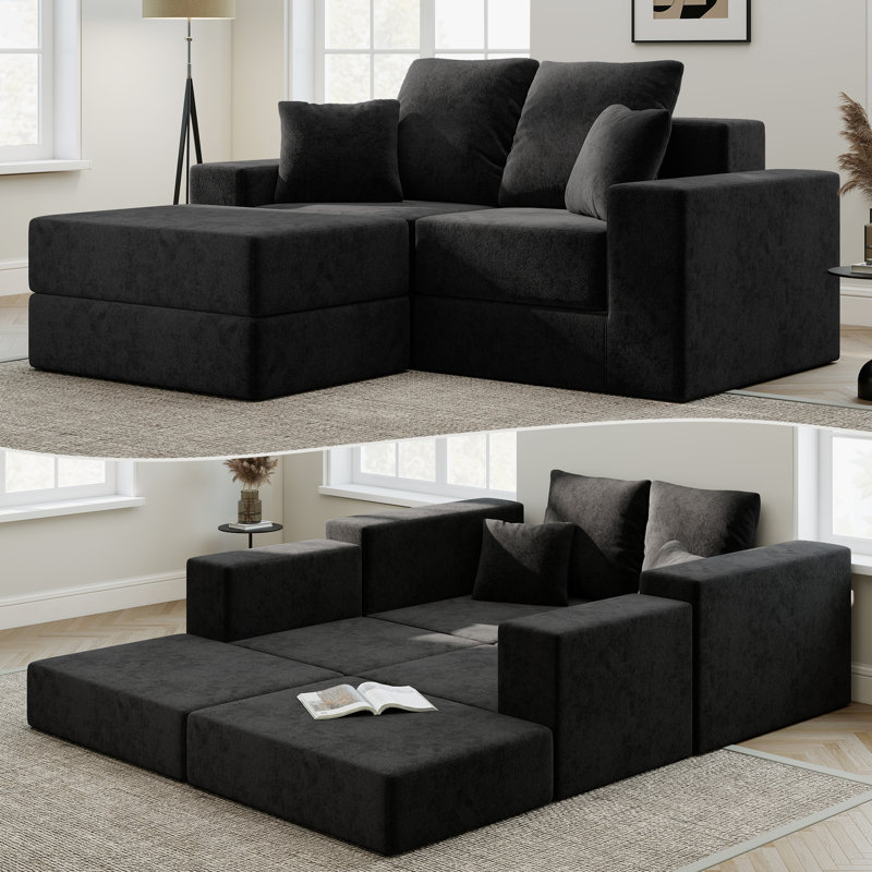 Canapé modulaire à compression 75 "avec canapé-lit et canapé-lit modulaire, Velours noir
