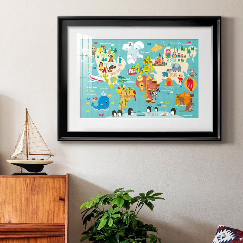 Carte du monde des enfants - impression encadrée, H 18,5 po x l 24,5 po x P 1,5 po, Cadre noir