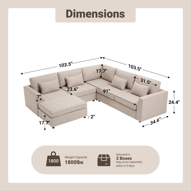 Doyle 6 Seats Upholstered Sectional Sofa Modern Corner Couch With Ottoman, Khaki Polyester Blend