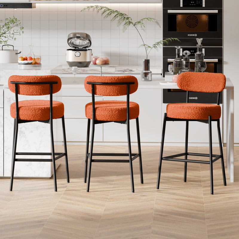 Sherpa Counter Height Bar Stools Set of 4 Modern Upholstered Barstools with Curved Open Back/Round Seat Boucle Comfortable Bar Chairs for Kitchen Island, 24.6 Inch