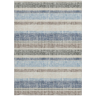 8' X 10' Navy Blue And Beige Striped Washable Indoor Outdoor Area Rug