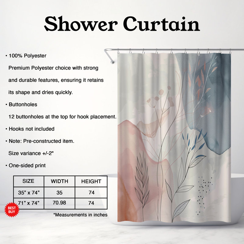 Minimalist Blossom Motifs - Rideau de douche standard 1 pièce, H 74 po x l 71 po
