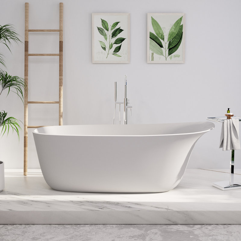 63 In. Solid Surface Soaking Bathtub With Flat Slipper Design In White