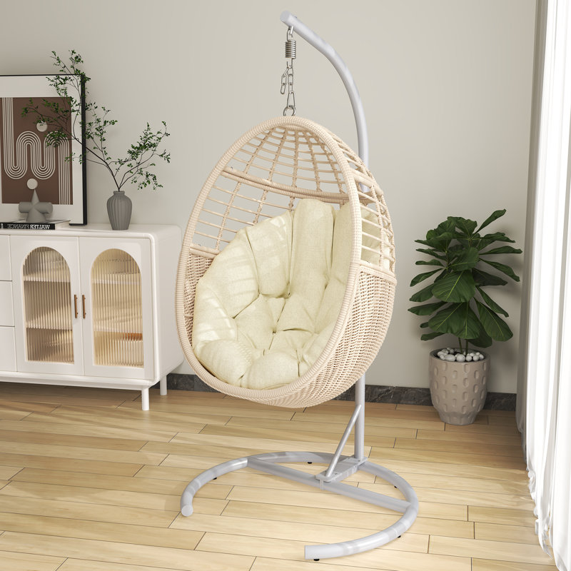Balancelle suspendue avec support et coussin Arcella Capacité de 330 lb, Coussin ivoire / structure blanche / hamac beige