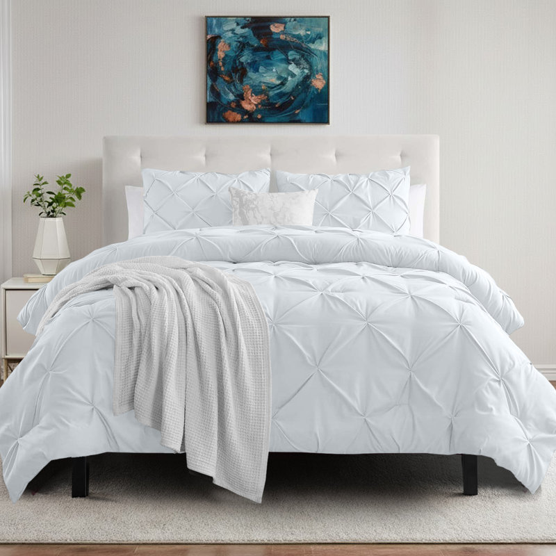 Luxury Brushed Microfiber Pintuck Duvet Cover Set - Soft, Wrinkle-Resistant, All-Season Bedding, White