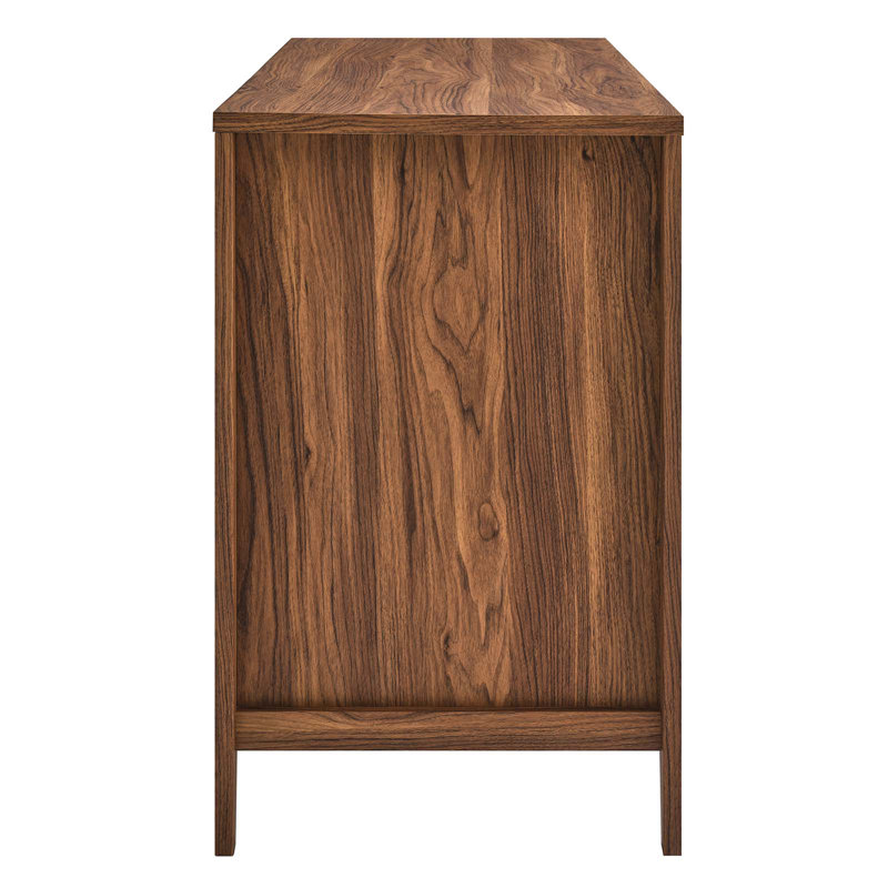 Walnut Wood Office Desk with Rattan Door and Keyboard Tray