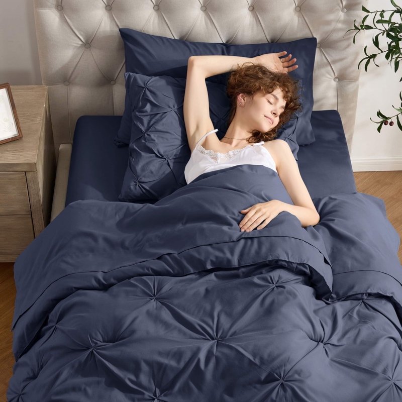 Bed-in-a-Bag Pinch Pleat Comforter Set with Bed Sheets & Down Alternative Pillows, Twin Comforter + 6 Additional Pieces, Navy