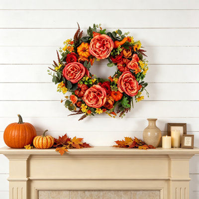 Couronne d'automne pour porte d'entrée avec pivoines artificielles, citrouilles et eucalyptus, couronne florale d'automne de 17,7 po pour la récolte de l'Action de grâce