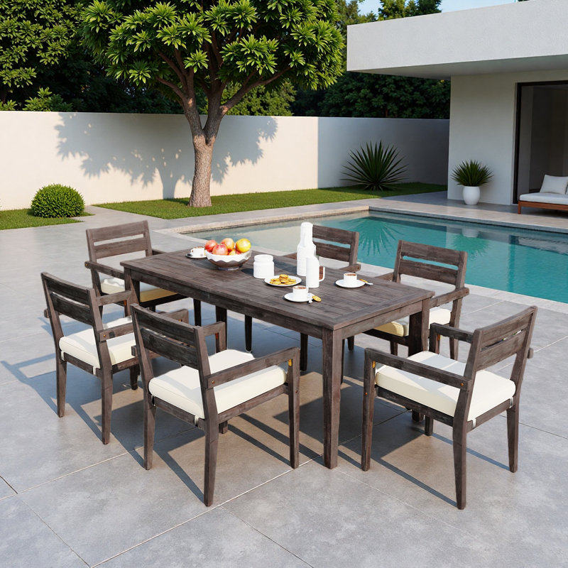 Ensemble repas 7 pièces pour l'extérieur, 1 grande table et 6 chaises empilables avec coussins et élément imperméable, Gris