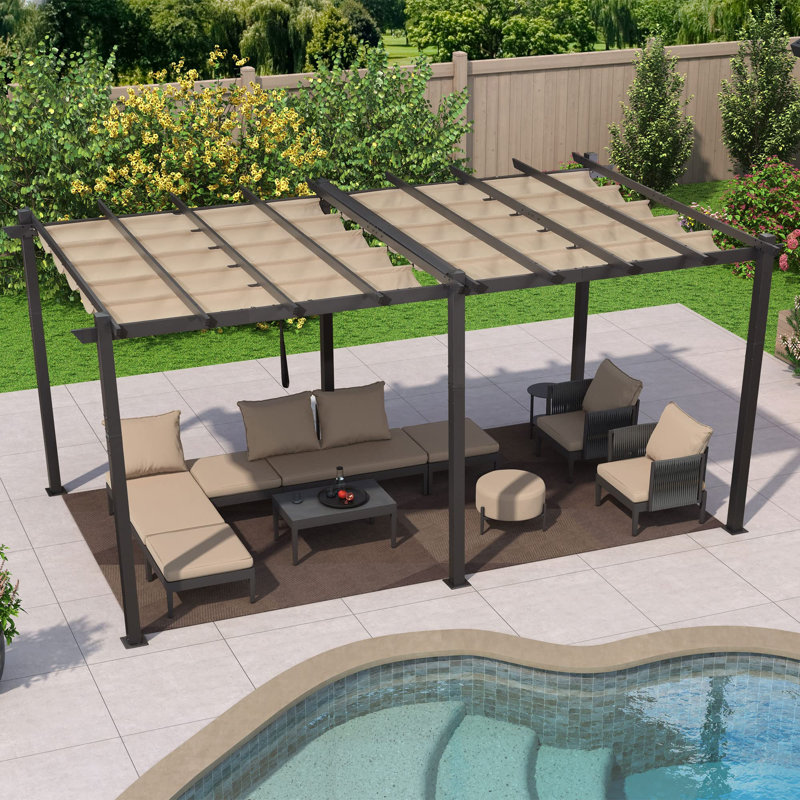 Aluminum Pergola with Canopy, Khaki, 18 ft. W X 10 ft. D