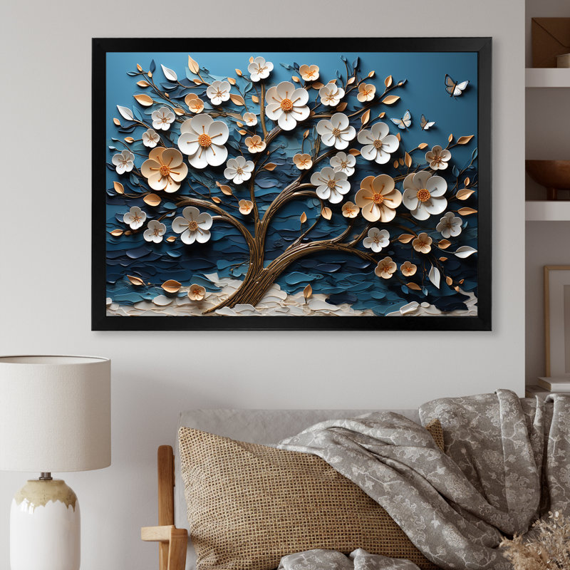 Orchidée bleue et blanche jardin de branches II - art mural arbre, Cadre de coin argenté fermé, H 30 po x l 40 po x P 1,5 po
