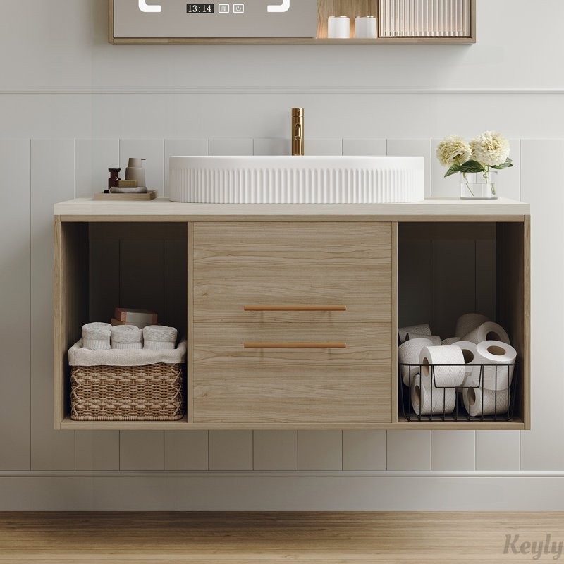 Meuble-lavabo mural 38,2 avec lavabo ovale en céramique, Bois