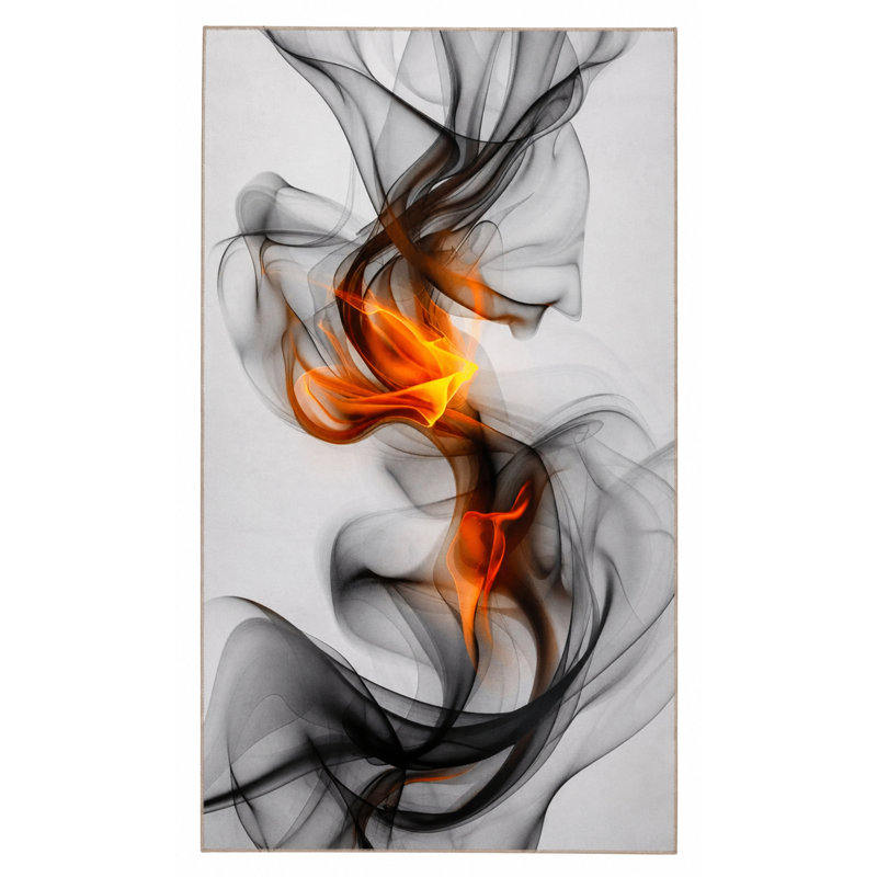 Gray Themed Abstract Smoke And Flame Patterned Creative Modern Decorative Carpet, Rectangle 4' x 5'11"