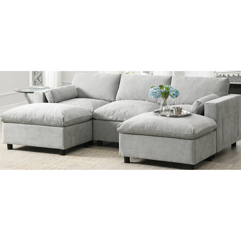 86.5'' Chenille Sectional Couch With Storage, 5 Seat U Shaped , 2 Ottomans For Living Area, Elegant And Cozy Plus Storage Pockets, Movable Ottomans, Room Beauty Spot