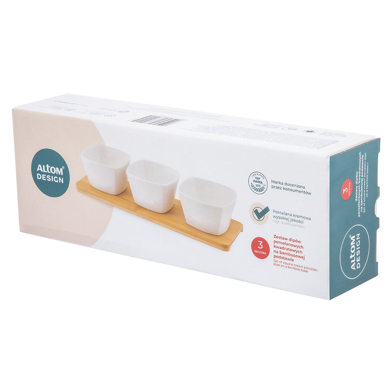 Regular Set Of 3 Square Dips Made Of Porcelain 150 Ml On A Bamboo Base 28x8.5cm