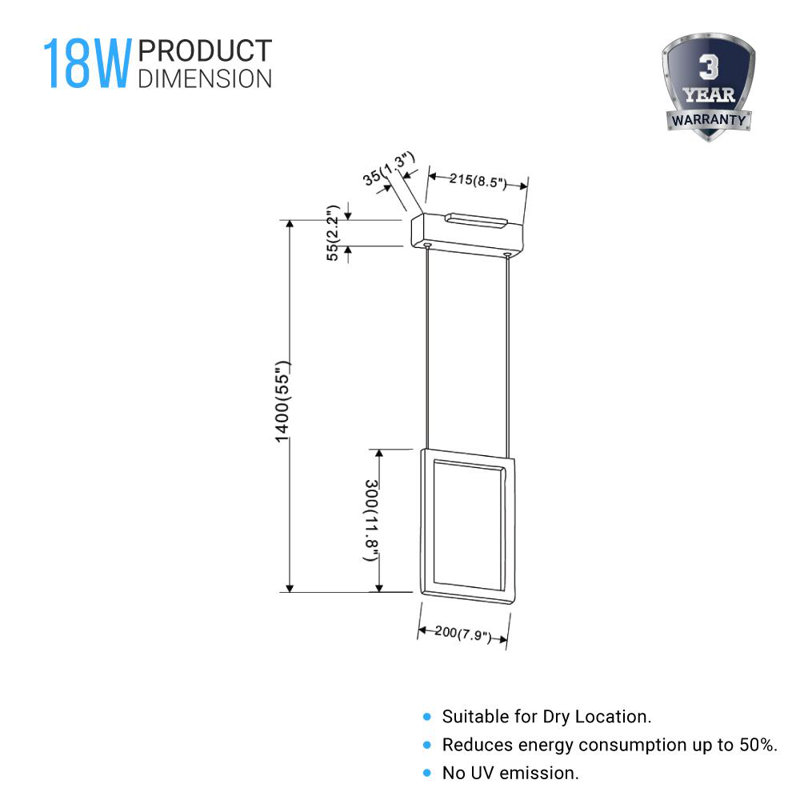 Luminaire suspendu carré/rectangulaire à 1 lumière à DEL unique aelianna, H 55 po x l 7,9 po x P 1,3 po